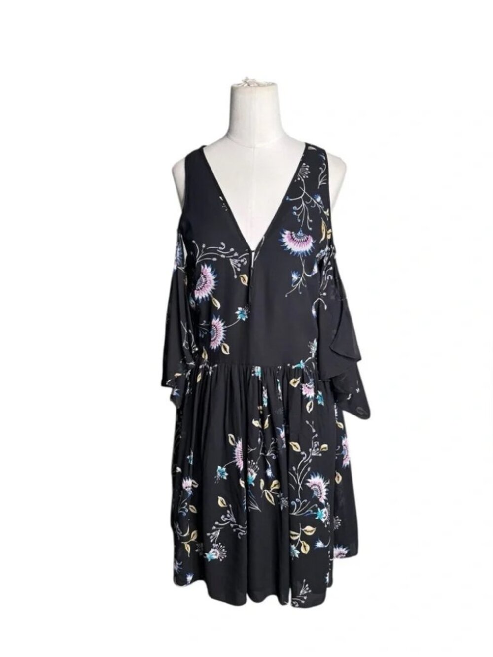REBECCA MINKOFF Robbie Shift Dress Tropical Vine Black Cold Shoulder - Picture 2 of 10